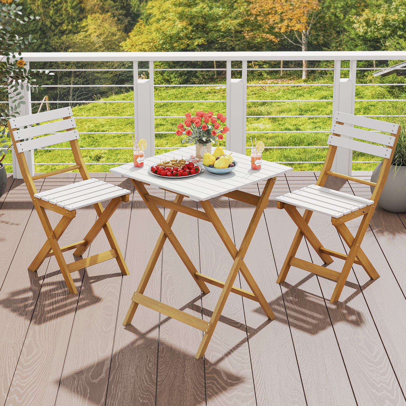 3 Piece Folding Patio Bistro Set with Foldable Design Acacia Wood Porch Chairs and Square Table Patio Conversation Sets at Gallery Canada