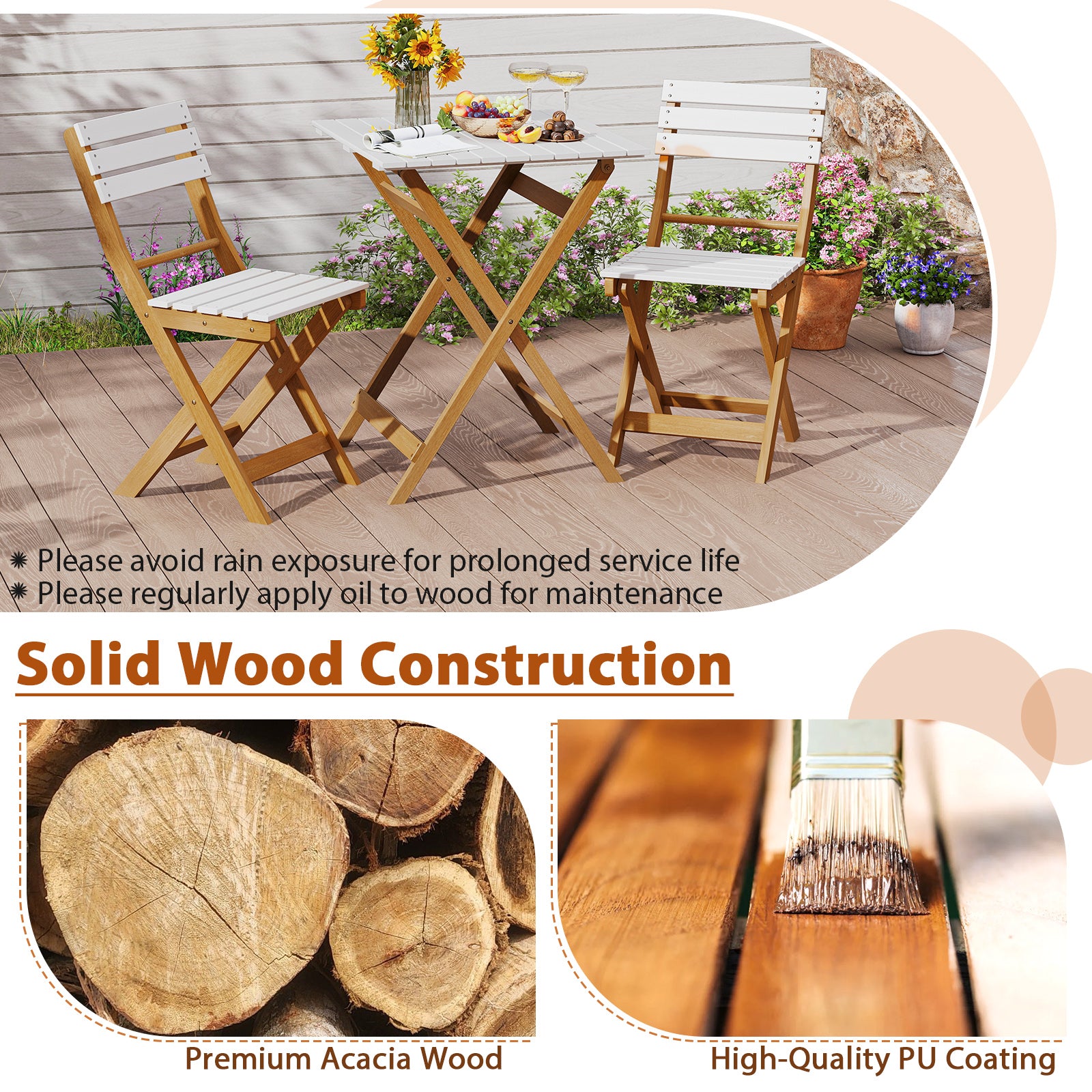 3 Piece Folding Patio Bistro Set with Foldable Design Acacia Wood Porch Chairs and Square Table Patio Conversation Sets at Gallery Canada