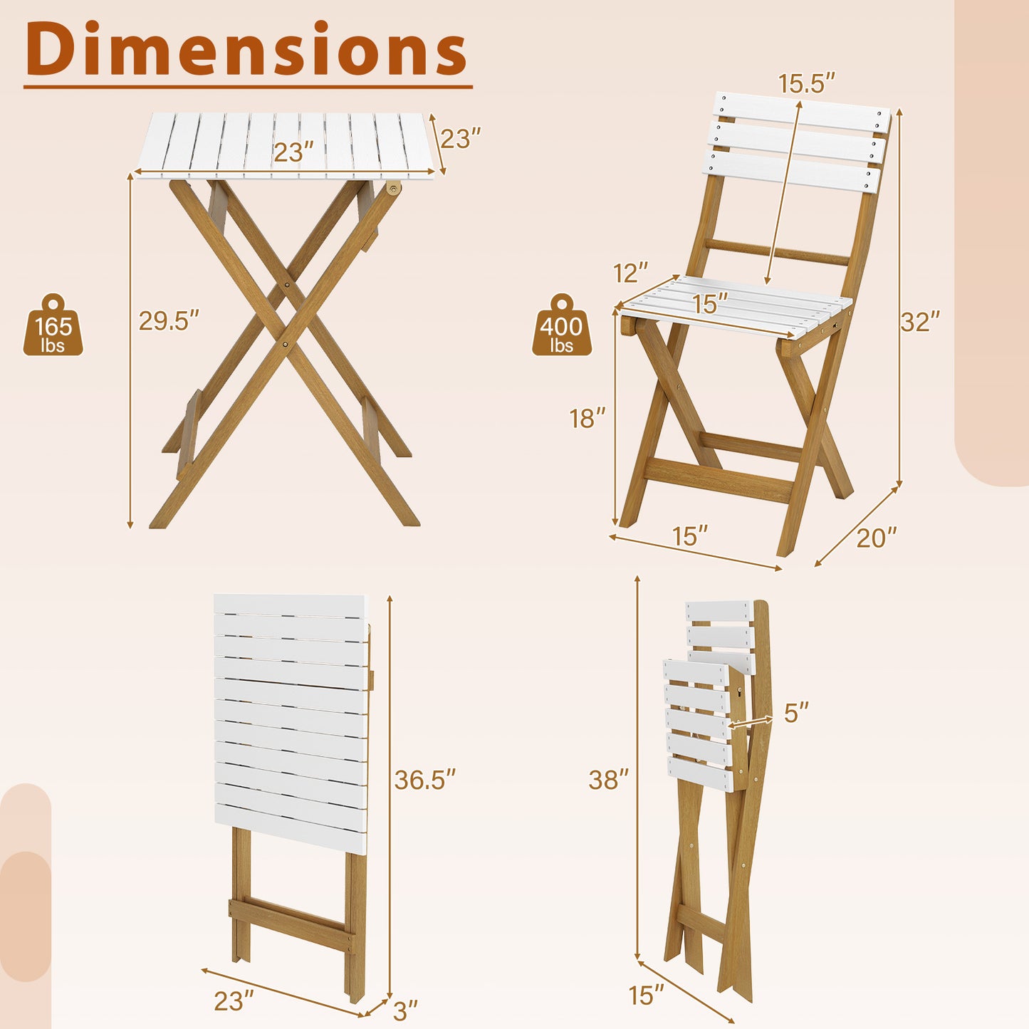 3 Piece Folding Patio Bistro Set with Foldable Design Acacia Wood Porch Chairs and Square Table Patio Conversation Sets at Gallery Canada