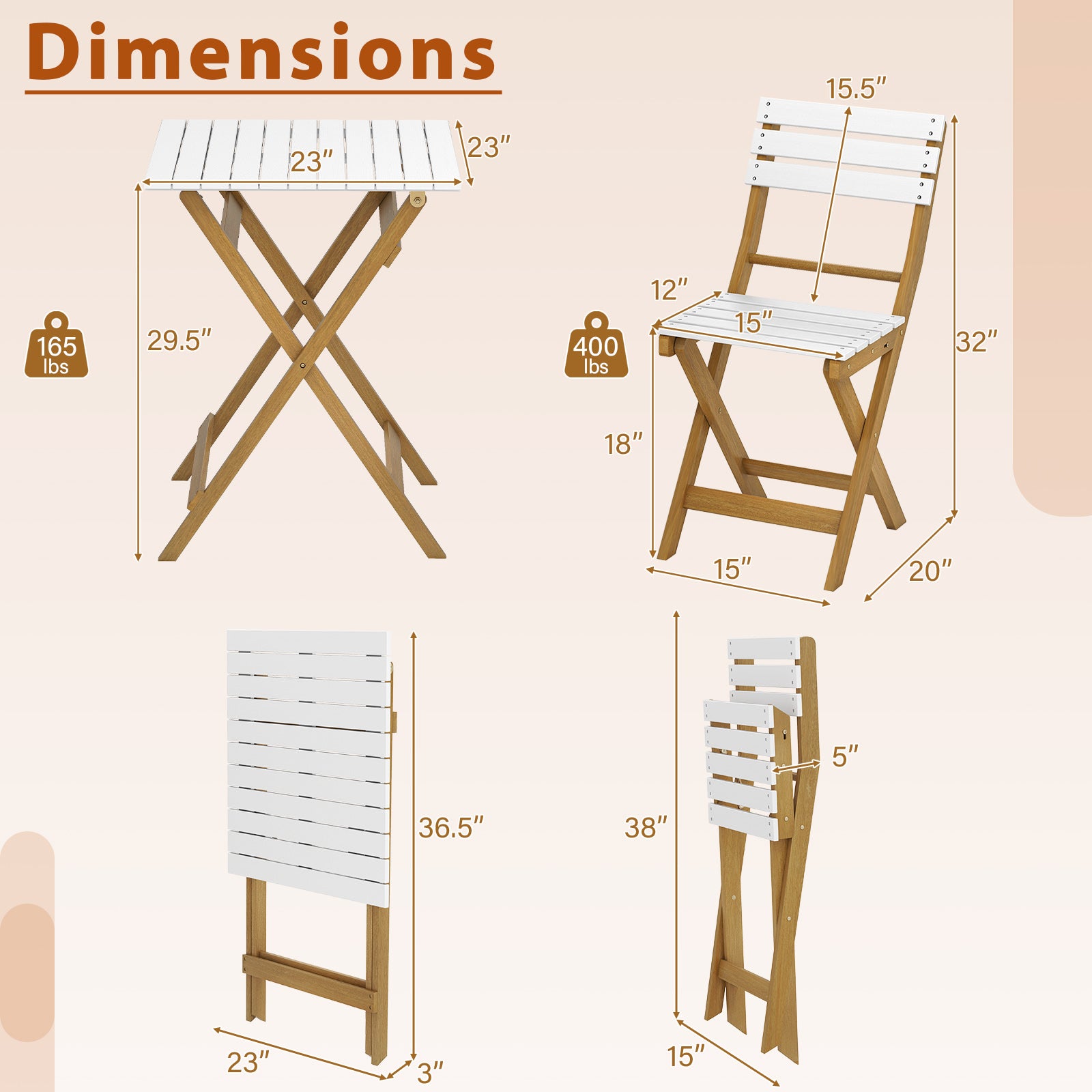 3 Piece Folding Patio Bistro Set with Foldable Design Acacia Wood Porch Chairs and Square Table Patio Conversation Sets at Gallery Canada