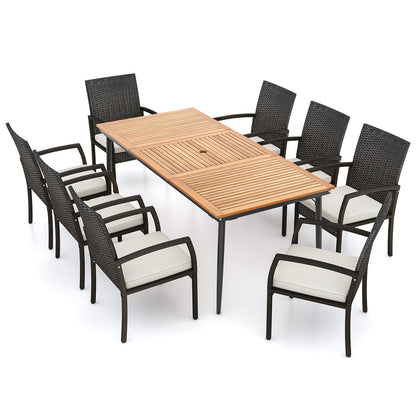Ensemble de salle à manger de patio 9 pièces, chaises en rotin avec coussins, naturel