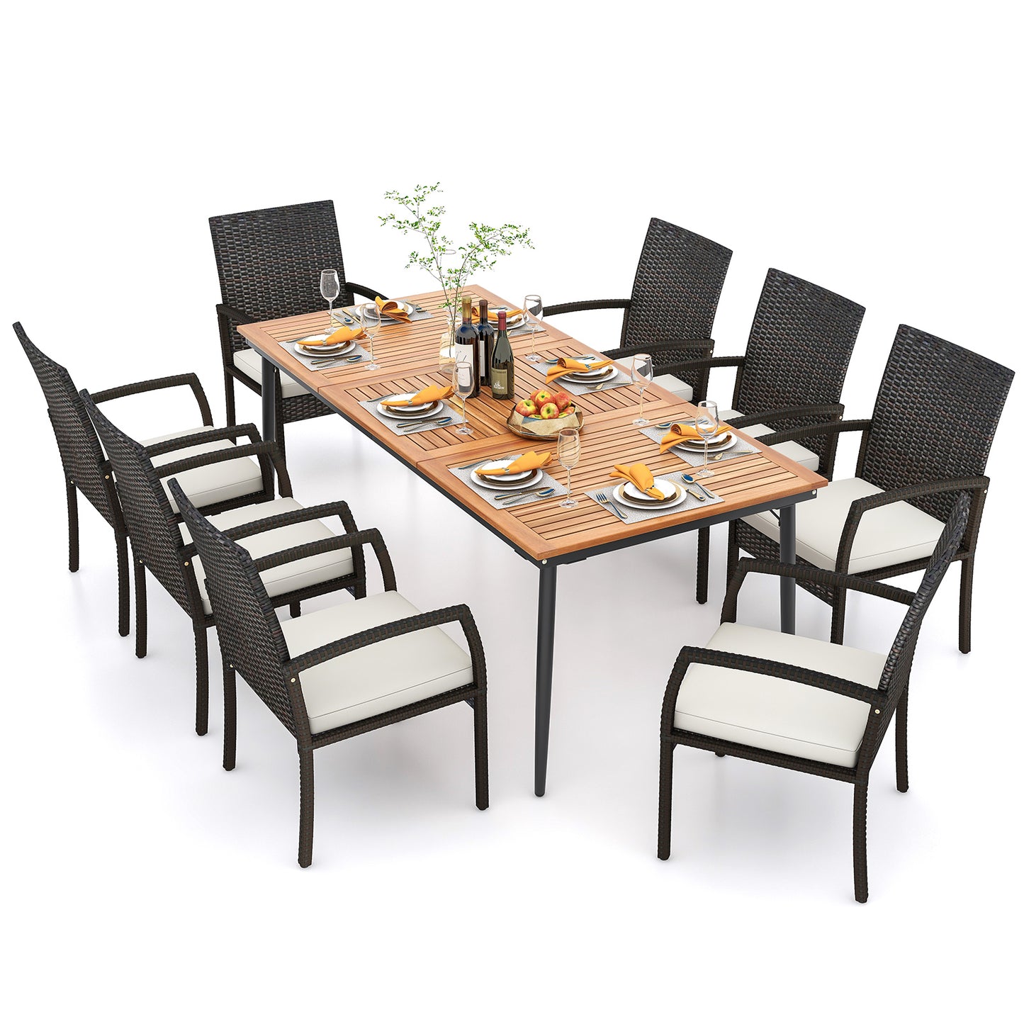 9-Piece Patio Dining Set with Umbrella Hole and 8 Rattan-woven Dining Chairs with Seat Cushions, Natural Patio Dining Sets at Gallery Canada