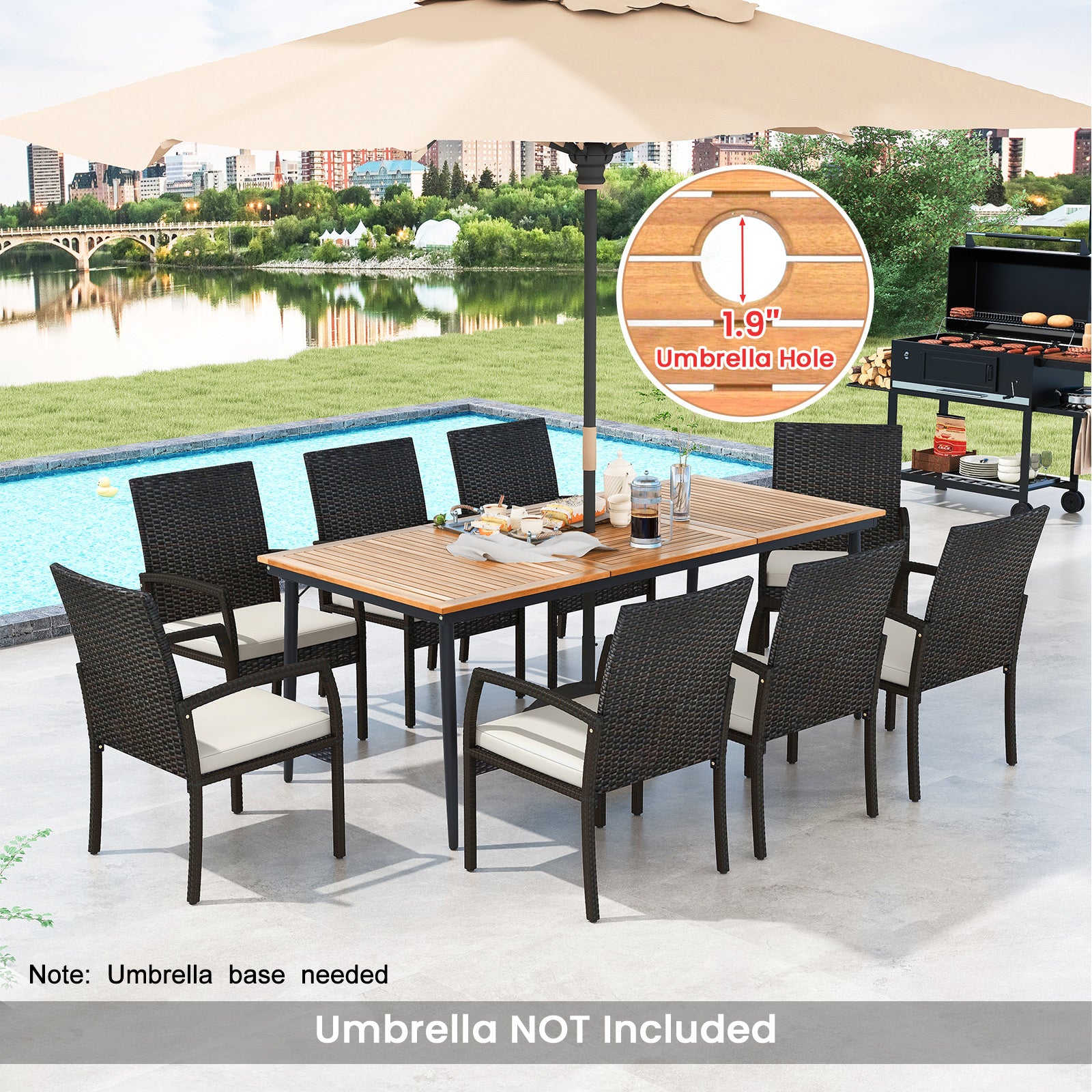 9-Piece Patio Dining Set with Umbrella Hole and 8 Rattan-woven Dining Chairs with Seat Cushions, Natural Patio Dining Sets at Gallery Canada