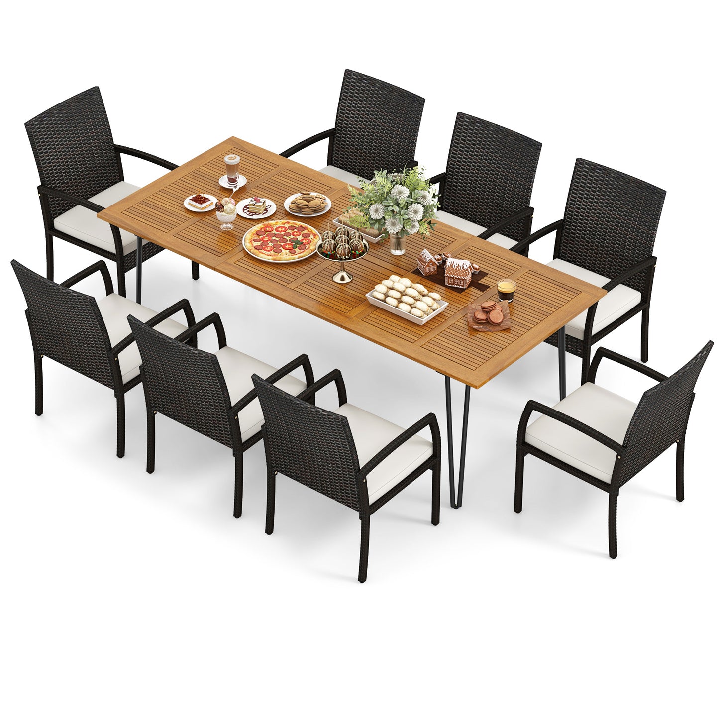 9 Pieces Outdoor Patio Dining Set with Soft Cushions and Acacia Wood Square Table Patio Dining Sets at Gallery Canada
