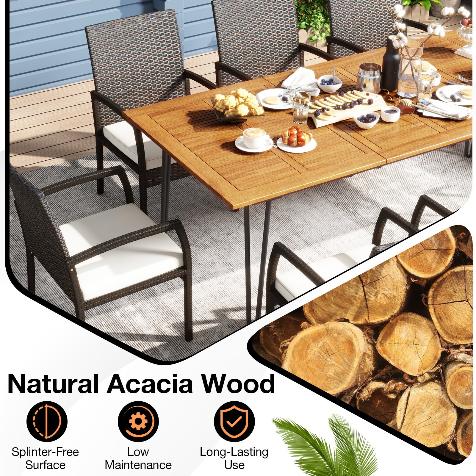 9 Pieces Outdoor Patio Dining Set with Soft Cushions and Acacia Wood Square Table Patio Dining Sets at Gallery Canada