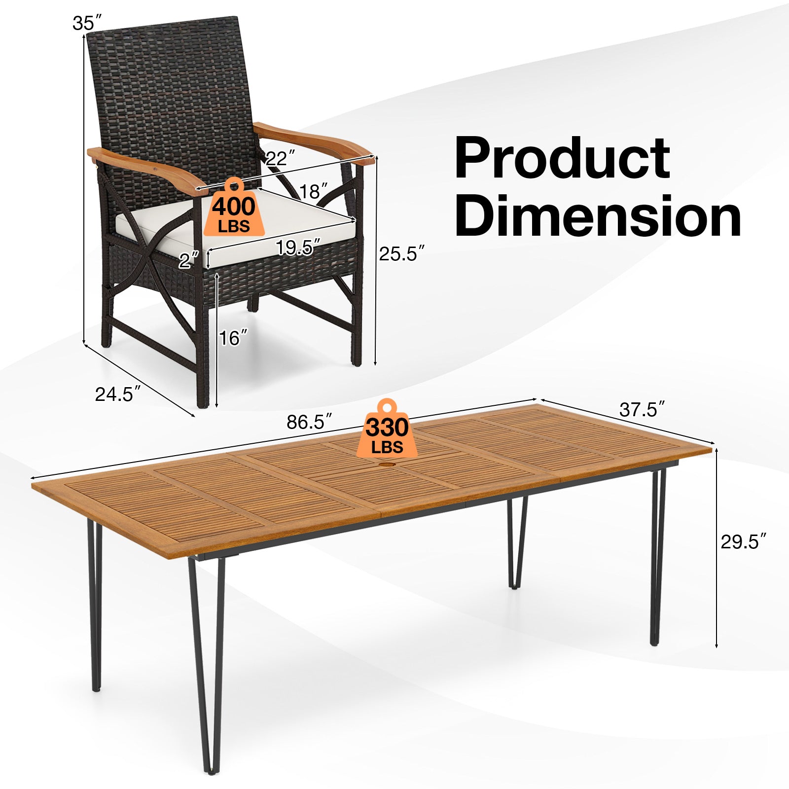 Wicker Patio Furniture Set of 8 Armchairs with Soft Cushions and Acacia Wood Square Table Patio Dining Sets at Gallery Canada