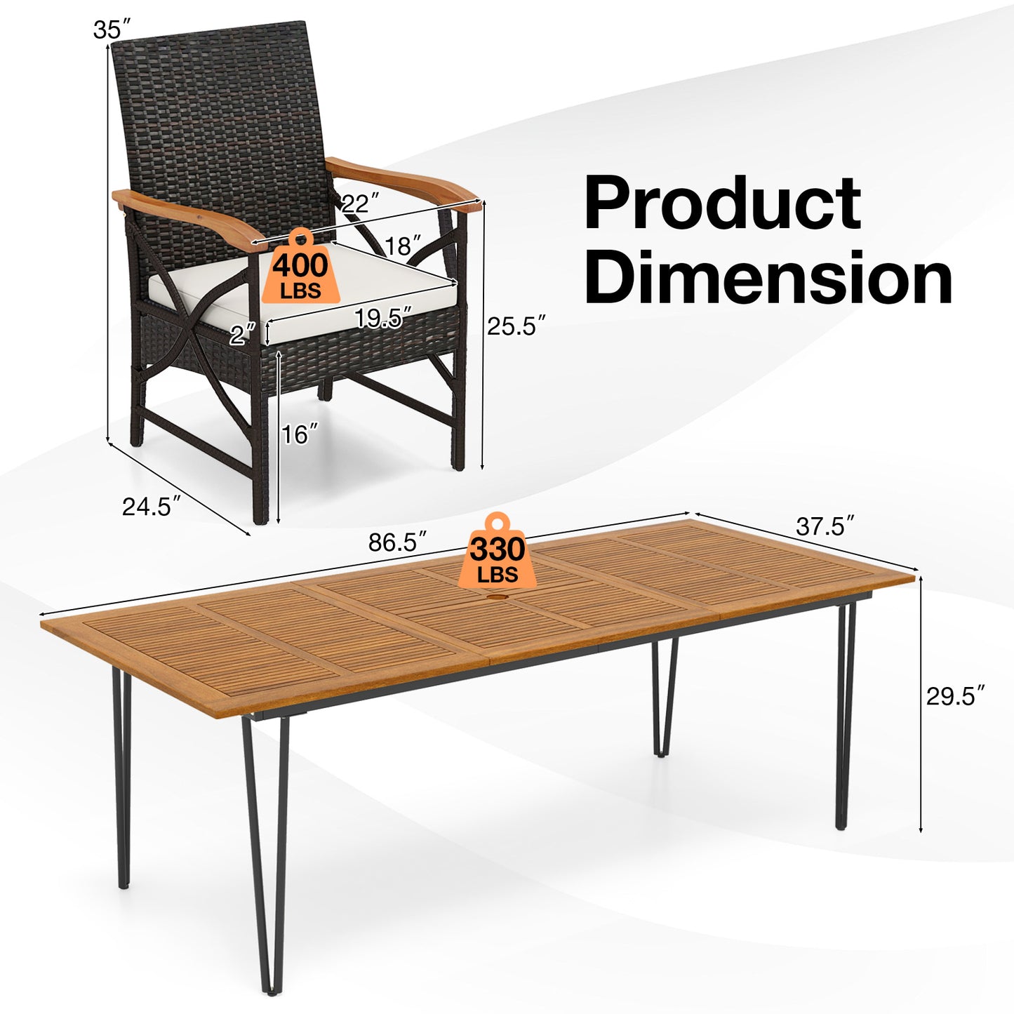 Wicker Patio Furniture Set of 8 Armchairs with Soft Cushions and Acacia Wood Square Table Patio Dining Sets at Gallery Canada