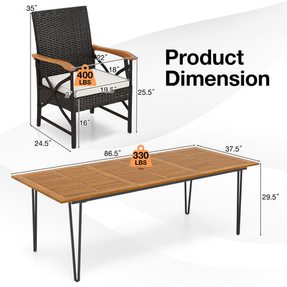 Wicker Patio Furniture Set of 8 Armchairs with Soft Cushions and Acacia Wood Square Table Patio Dining Sets at Gallery Canada