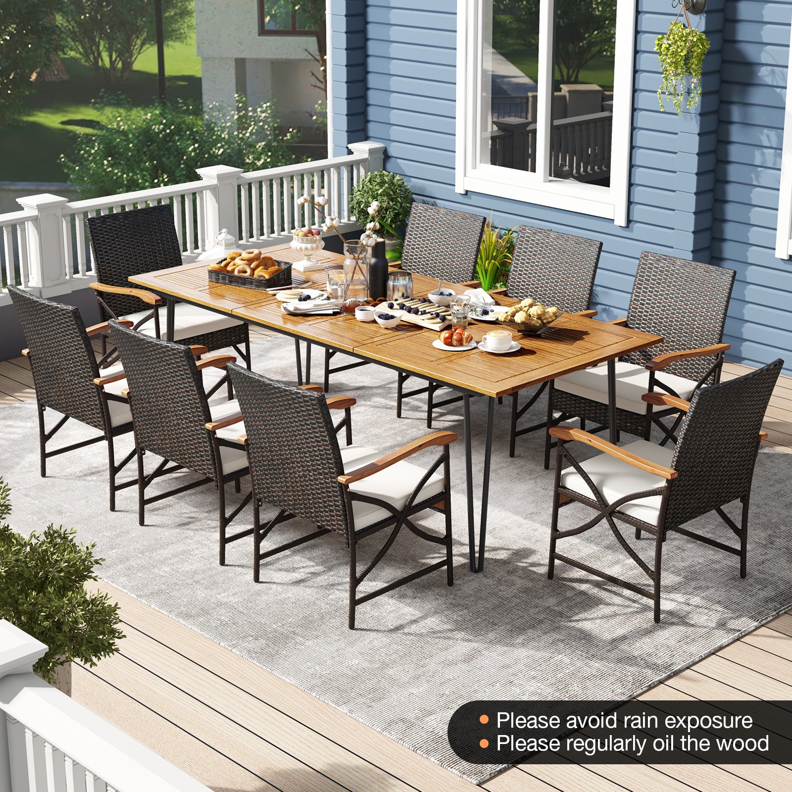 Wicker Patio Furniture Set of 8 Armchairs with Soft Cushions and Acacia Wood Square Table Patio Dining Sets at Gallery Canada