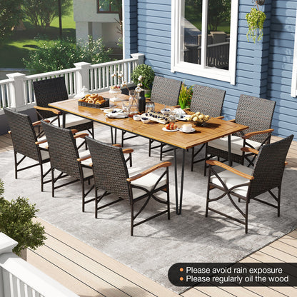 Wicker Patio Furniture Set of 8 Armchairs with Soft Cushions and Acacia Wood Square Table Patio Dining Sets at Gallery Canada