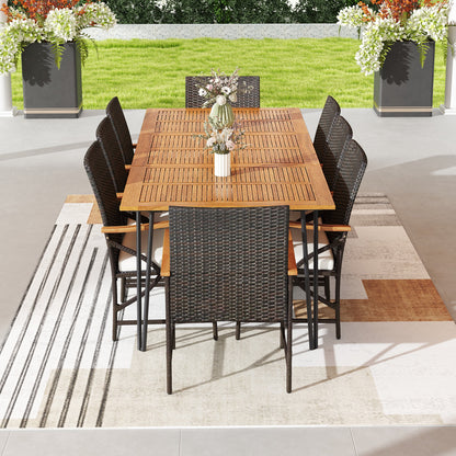 Wicker Patio Furniture Set of 8 Armchairs with Soft Cushions and Acacia Wood Square Table Patio Dining Sets at Gallery Canada