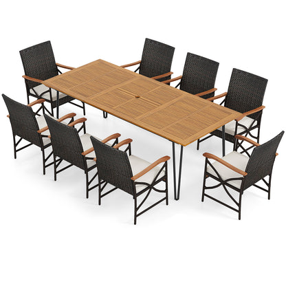 Wicker Patio Furniture Set of 8 Armchairs with Soft Cushions and Acacia Wood Square Table Patio Dining Sets at Gallery Canada