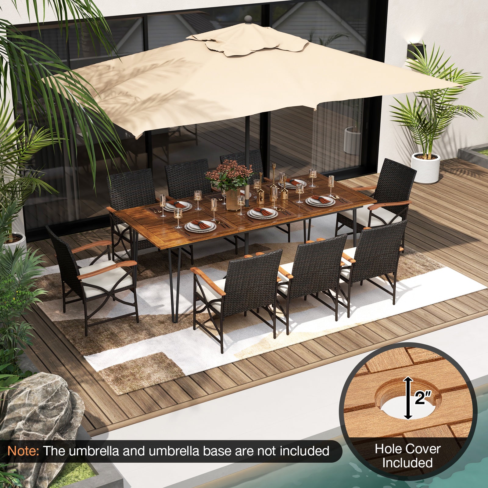 Wicker Patio Furniture Set of 8 Armchairs with Soft Cushions and Acacia Wood Square Table Patio Dining Sets at Gallery Canada