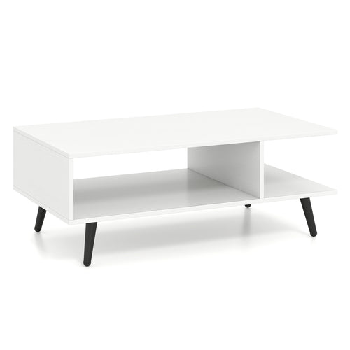 Mid Century Modern Rectangle Coffee Table 2-Tier Accent Table with 2 Open Compartments, White