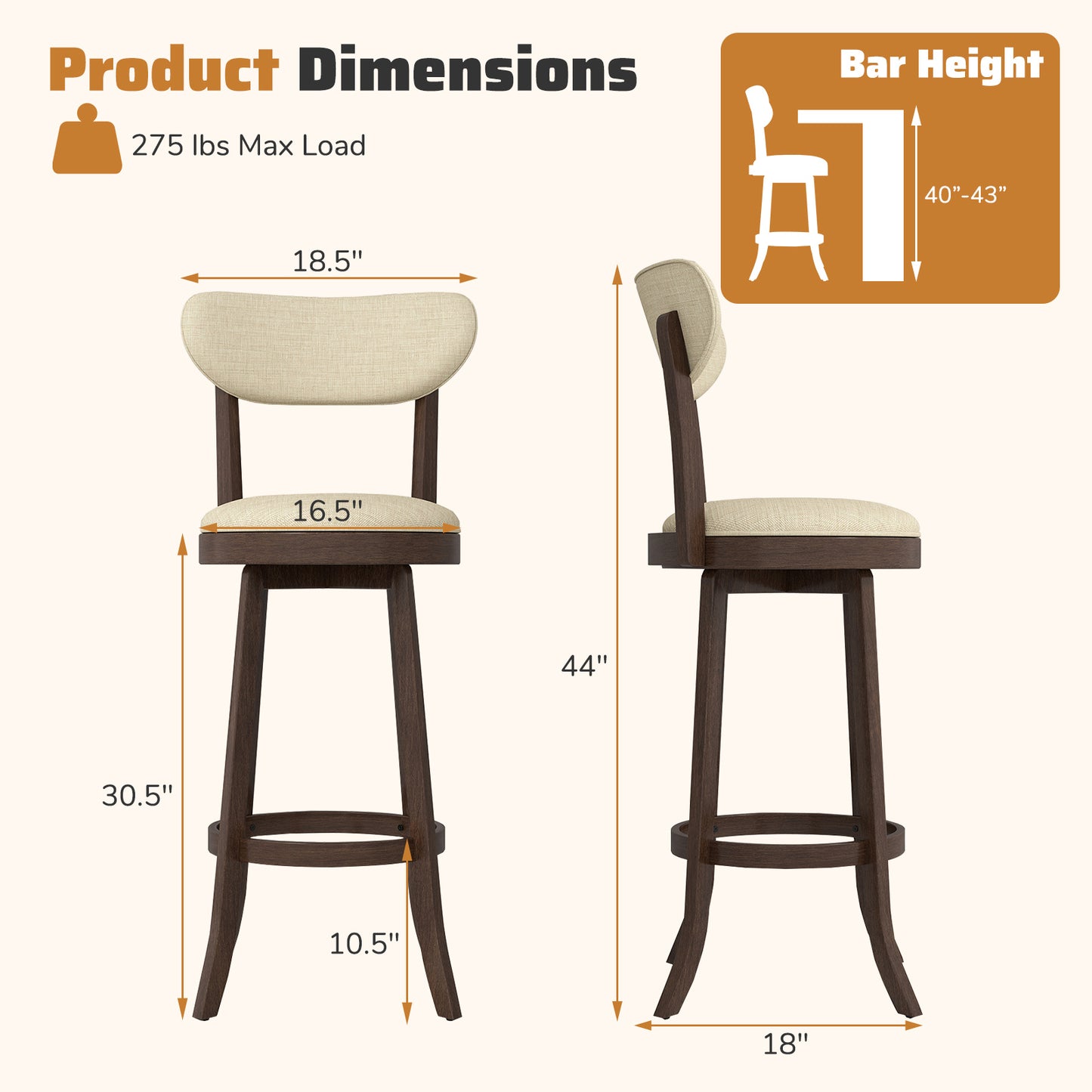 30.5 Inch Bar Height Chairs Set of 2 Swivel High Barstool with Padded Seat and Backrest, Brown Bar Stools at Gallery Canada