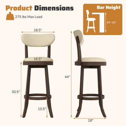 30.5 Inch Bar Height Chairs Set of 2 Swivel High Barstool with Padded Seat and Backrest, Brown Bar Stools at Gallery Canada