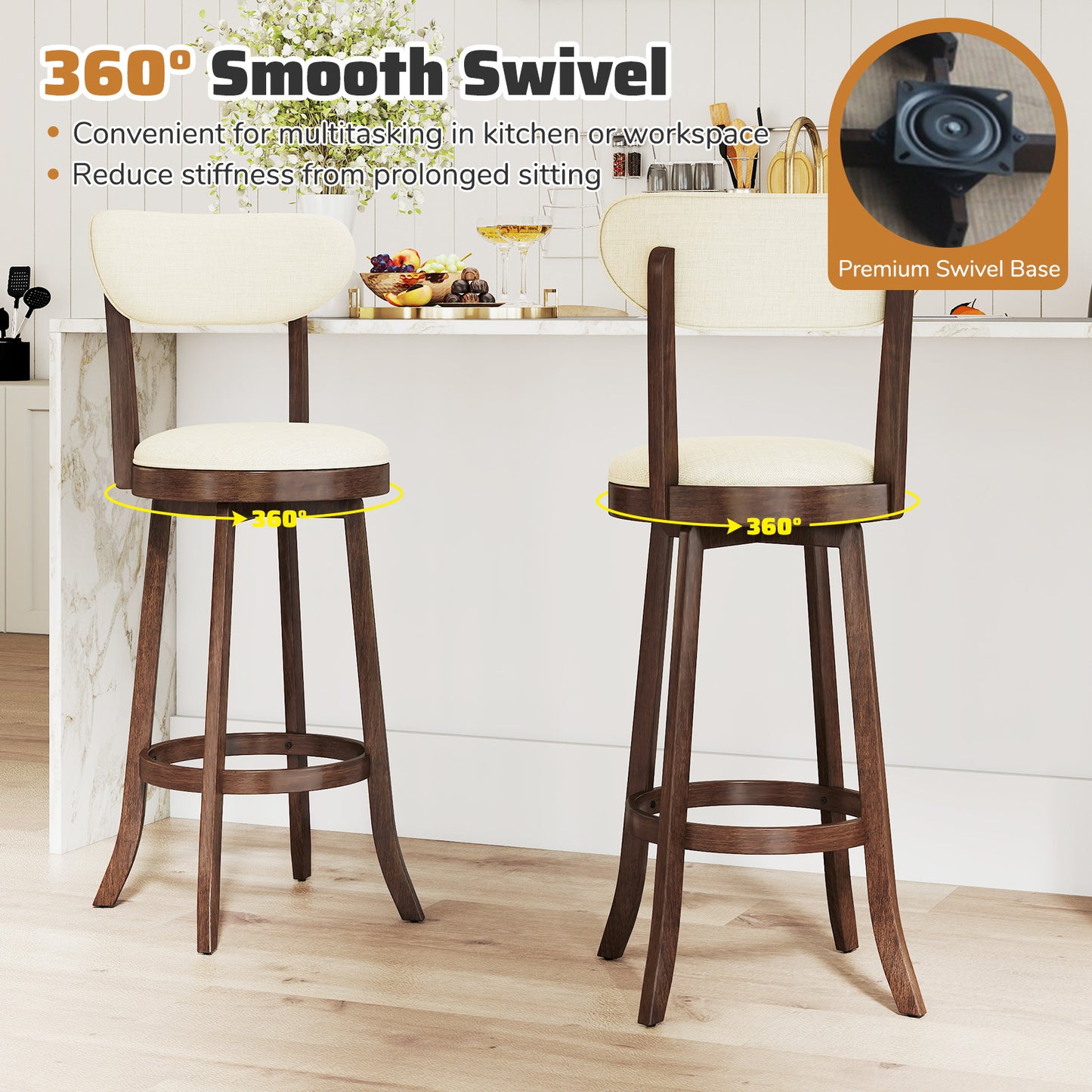 30.5 Inch Bar Height Chairs Set of 2 Swivel High Barstool with Padded Seat and Backrest, Brown Bar Stools at Gallery Canada