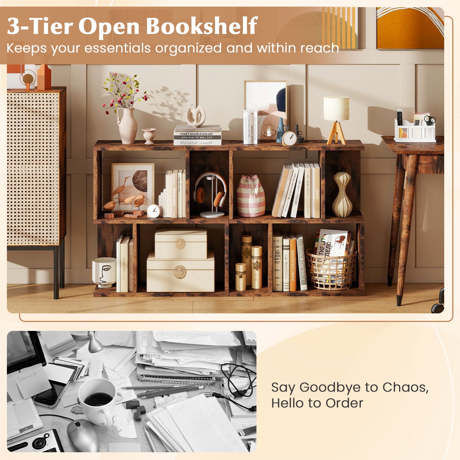 3-Tier Bookshelf with Display Shelf for Small Space, Brown Bookcases at Gallery Canada