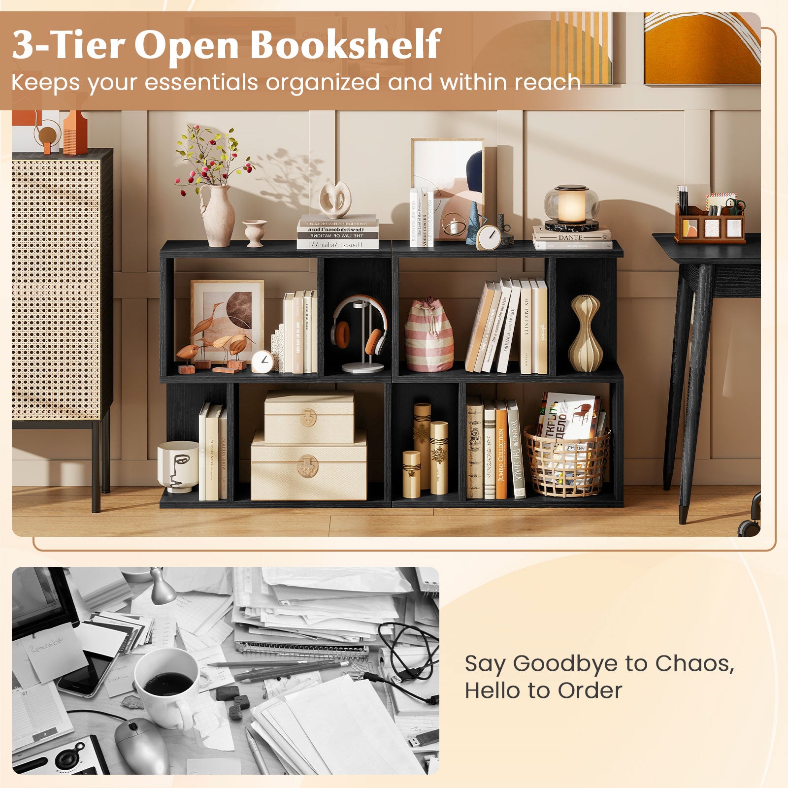 3-Tier Bookshelf with Display Shelf for Small Space, Black Bookcases at Gallery Canada