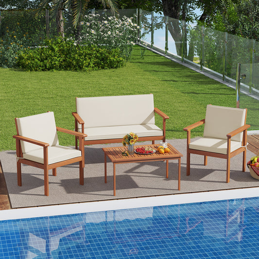 4 Pieces Patio Furniture Set Acacia Wood Porch Chairs with Table, White Patio Conversation Sets White at Gallery Canada