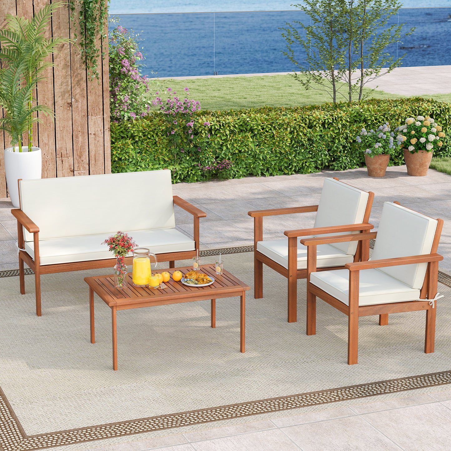 4 Pieces Patio Furniture Set Acacia Wood Porch Chairs with Table, White Patio Conversation Sets at Gallery Canada
