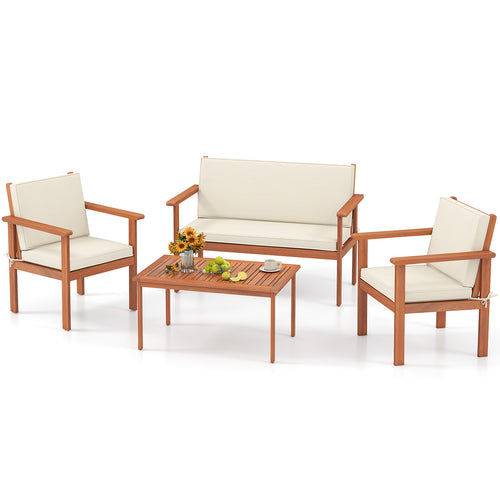 4 Pieces Patio Furniture Set Acacia Wood Porch Chairs with Table, White