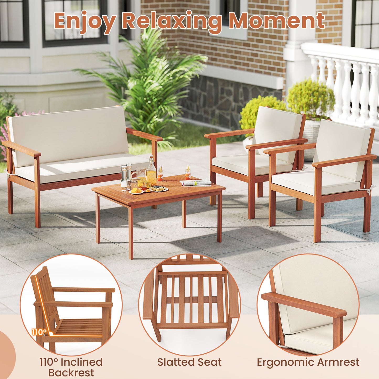4 Pieces Patio Furniture Set Acacia Wood Porch Chairs with Table, White Patio Conversation Sets at Gallery Canada
