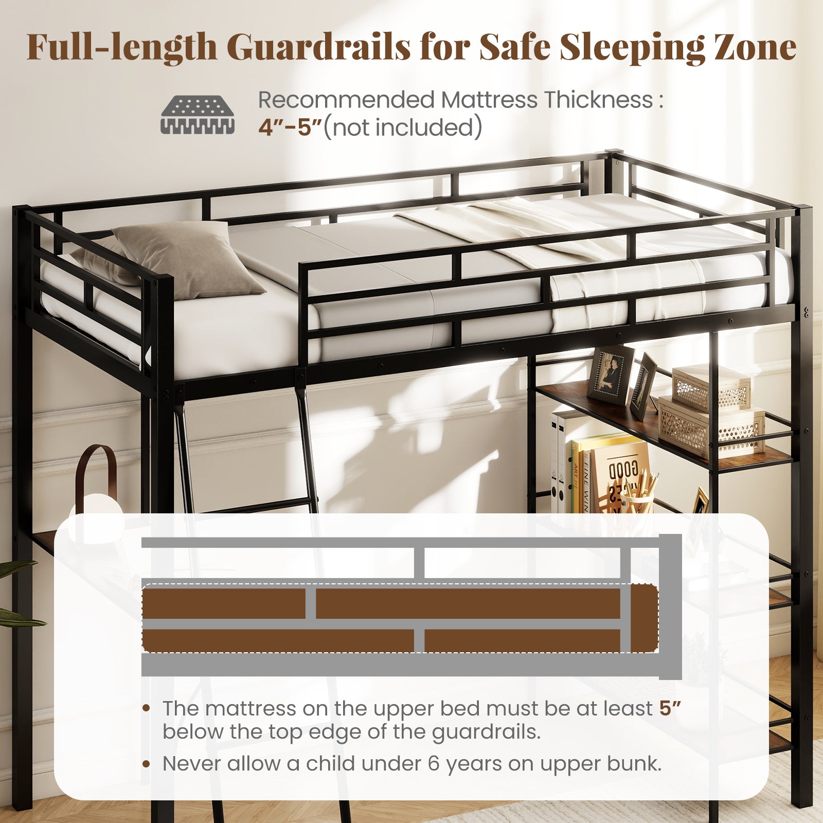 Twin Size Loft Bed with Desk and Shelves for Kids and Home, Black Bunk Bed Frame at Gallery Canada