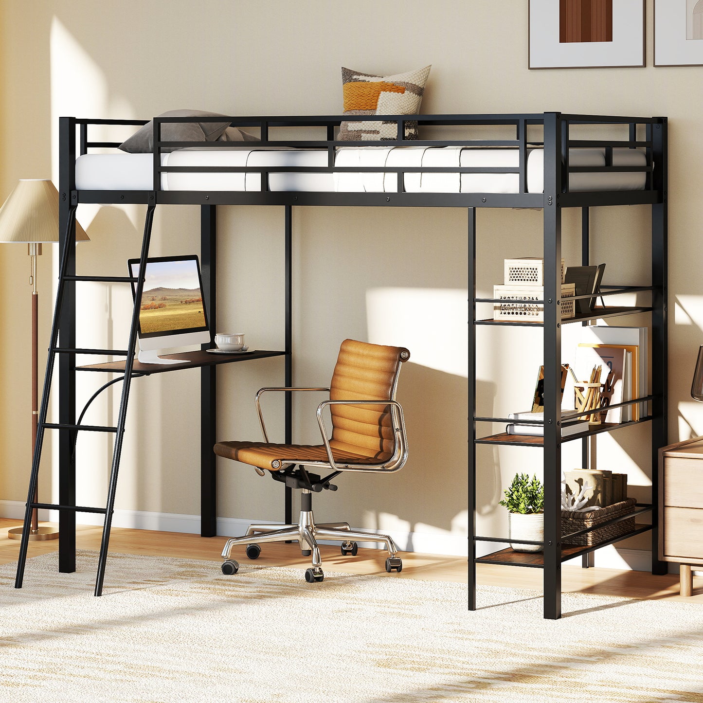 Twin Size Loft Bed with Desk and Shelves for Kids and Home, Black Bunk Bed Frame at Gallery Canada