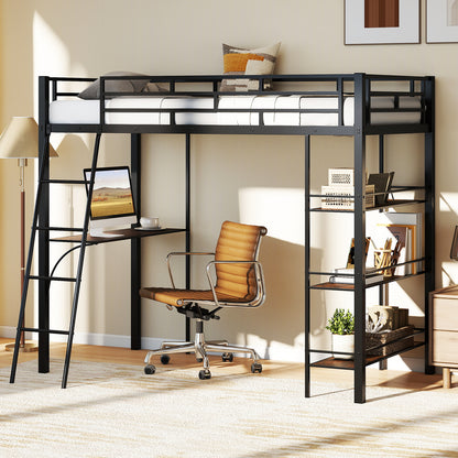 Twin Size Loft Bed with Desk and Shelves for Kids and Home, Black Bunk Bed Frame at Gallery Canada