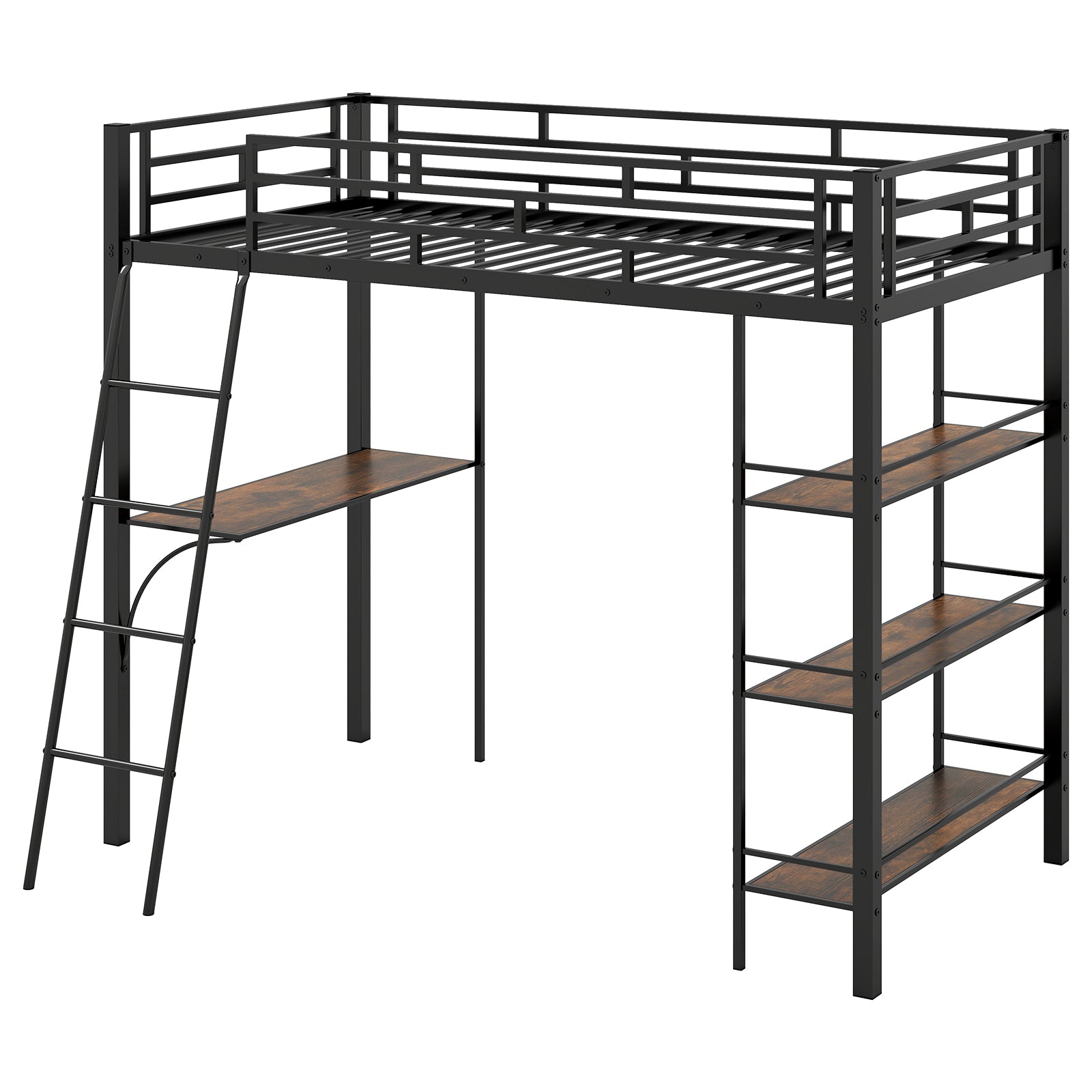 Twin Size Loft Bed With Desk, Shelves, Black Bunk Bed Frame Black at Gallery Canada