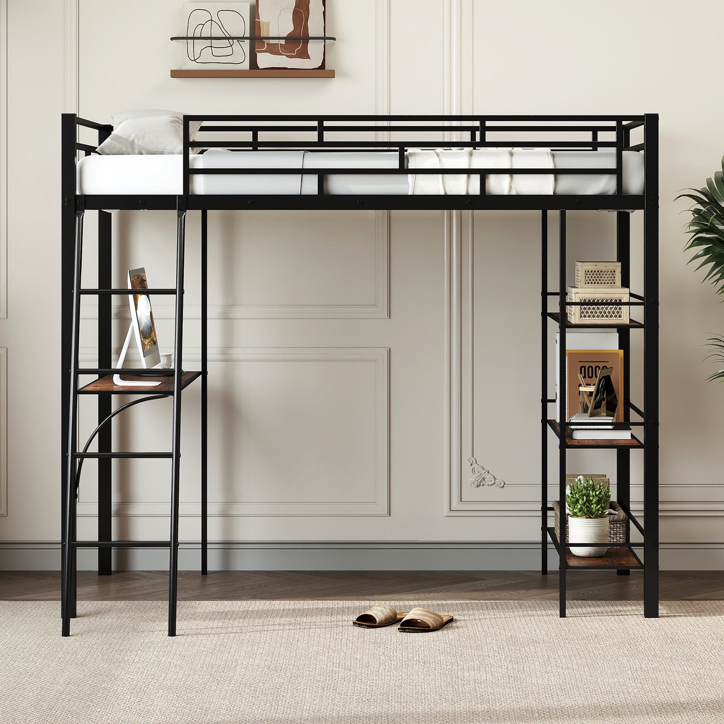 Twin Size Loft Bed with Desk and Shelves for Kids and Home, Black Bunk Bed Frame at Gallery Canada