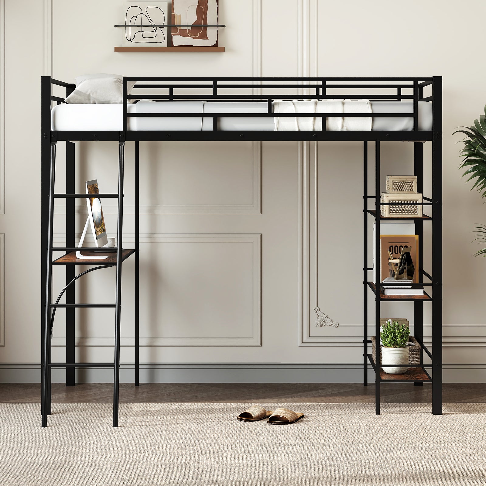 Twin Size Loft Bed with Desk and Shelves for Kids and Home, Black Bunk Bed Frame at Gallery Canada