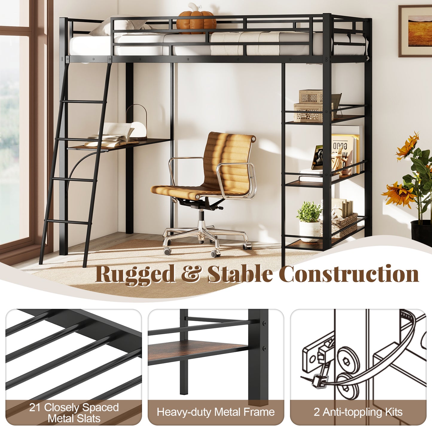 Twin Size Loft Bed with Desk and Shelves for Kids and Home, Black Bunk Bed Frame at Gallery Canada