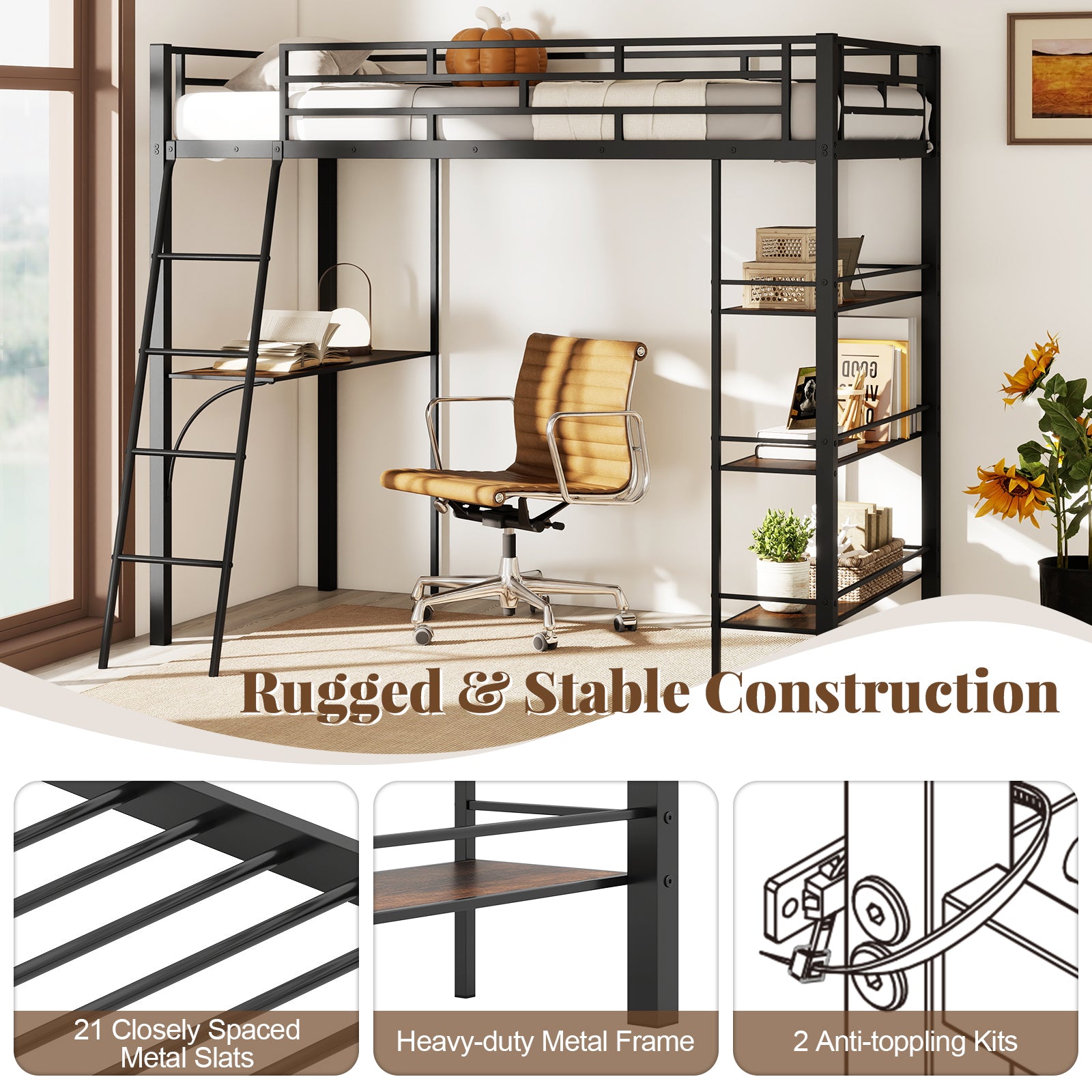 Twin Size Loft Bed with Desk and Shelves for Kids and Home, Black Bunk Bed Frame at Gallery Canada