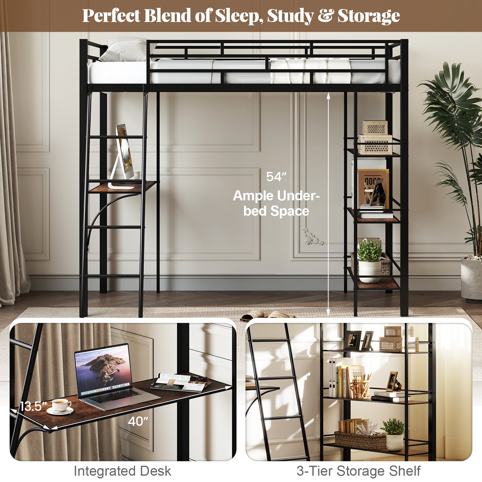 Twin Size Loft Bed with Desk and Shelves for Kids and Home, Black Bunk Bed Frame at Gallery Canada
