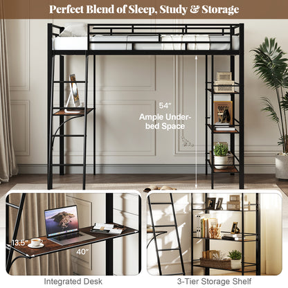 Twin Size Loft Bed with Desk and Shelves for Kids and Home, Black Bunk Bed Frame at Gallery Canada