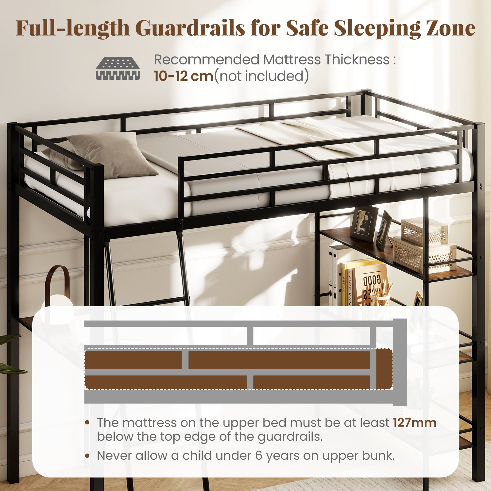 Twin Size Loft Bed with Desk and Shelves for Kids and Home, Black Bunk Bed Frame at Gallery Canada