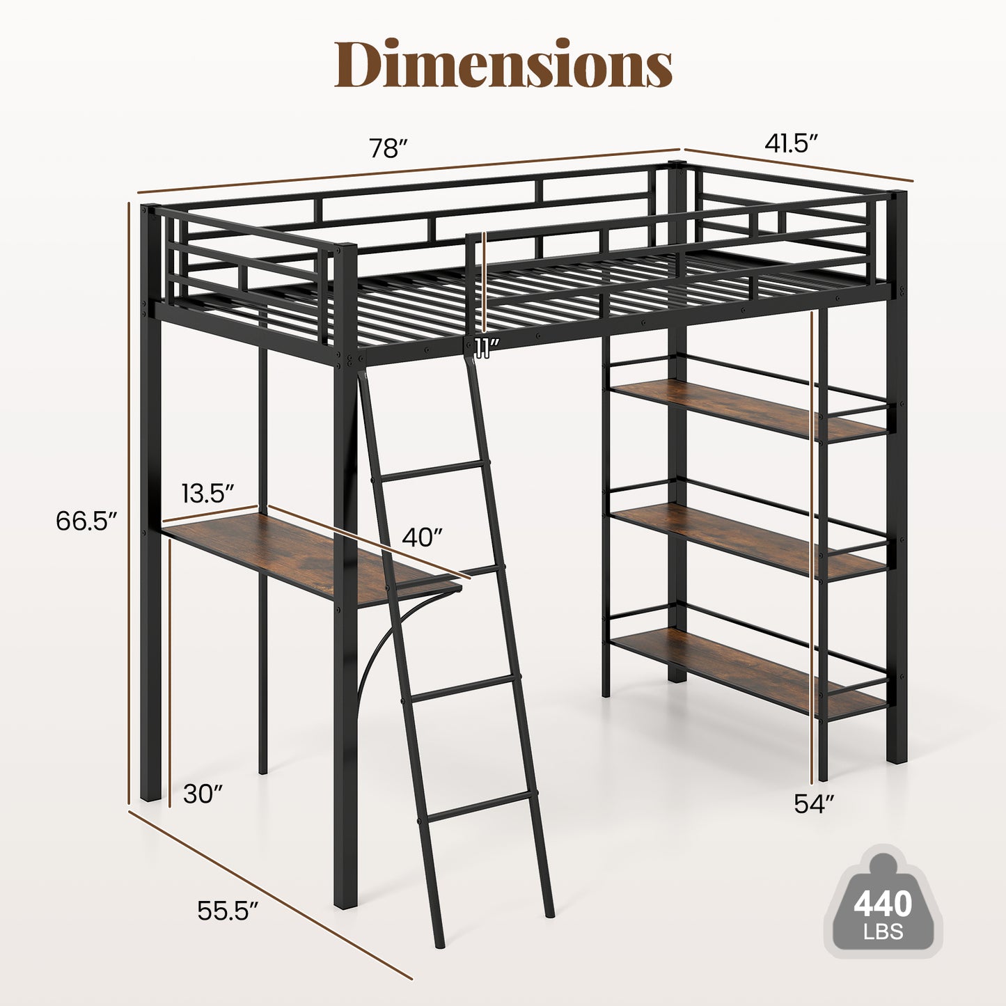 Twin Size Loft Bed with Desk and Shelves for Kids and Home, Black Bunk Bed Frame at Gallery Canada