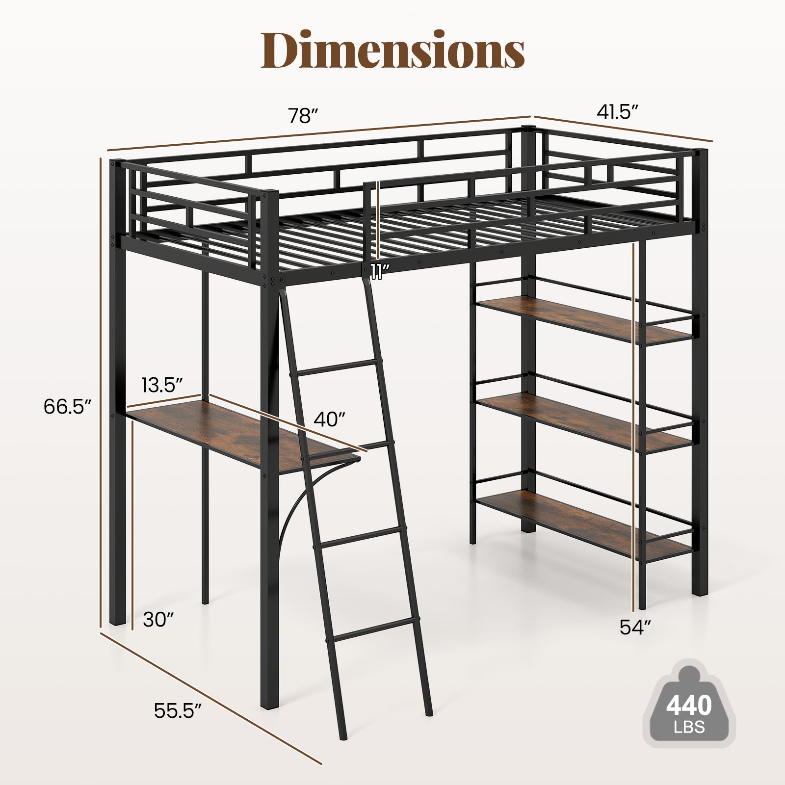 Twin Size Loft Bed with Desk and Shelves for Kids and Home, Black Bunk Bed Frame at Gallery Canada