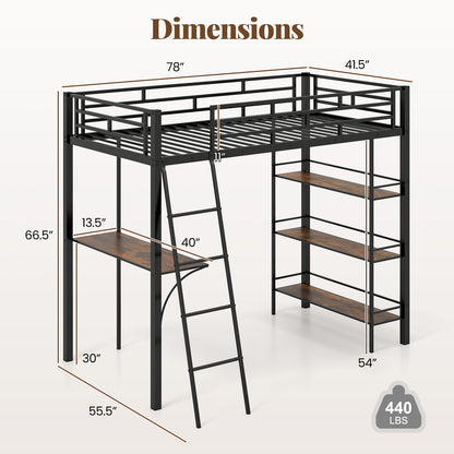 Twin Size Loft Bed with Desk and Shelves for Kids and Home, Black Bunk Bed Frame at Gallery Canada