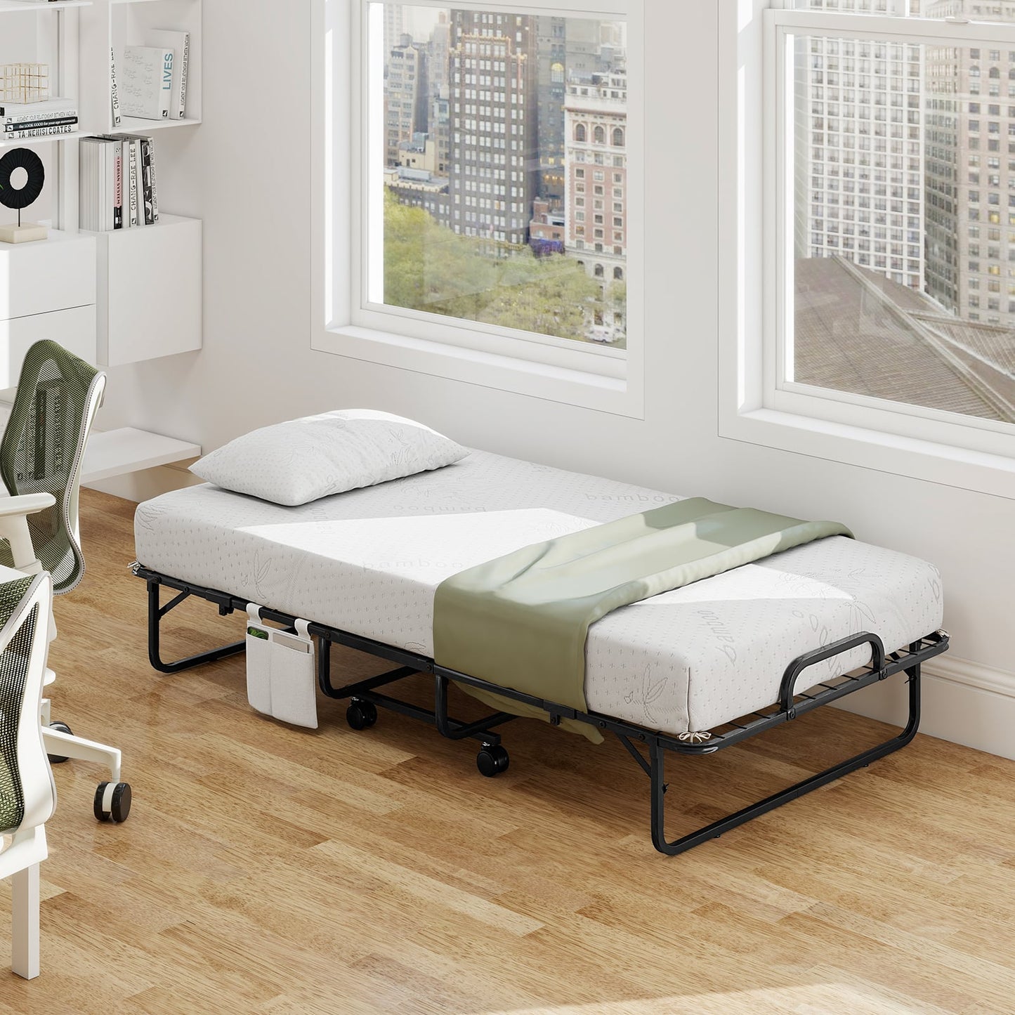 Twin Size Folding Bed, 5 Inch Mattress, White Folding Beds at Gallery Canada