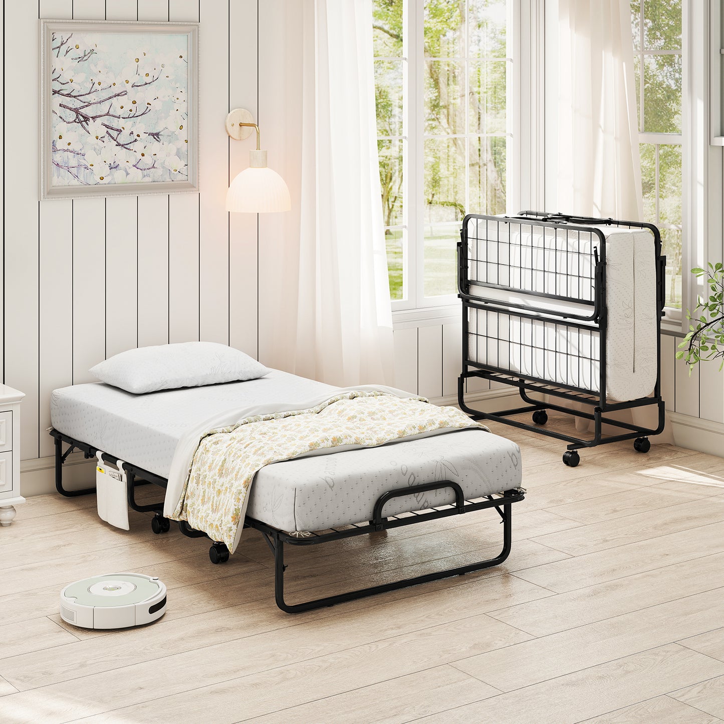Twin Size Folding Bed, 5 Inch Mattress, White Folding Beds at Gallery Canada