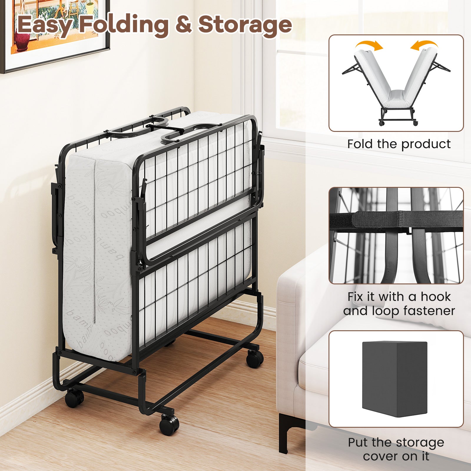 Twin Size Folding Bed, 5 Inch Mattress, White Folding Beds at Gallery Canada