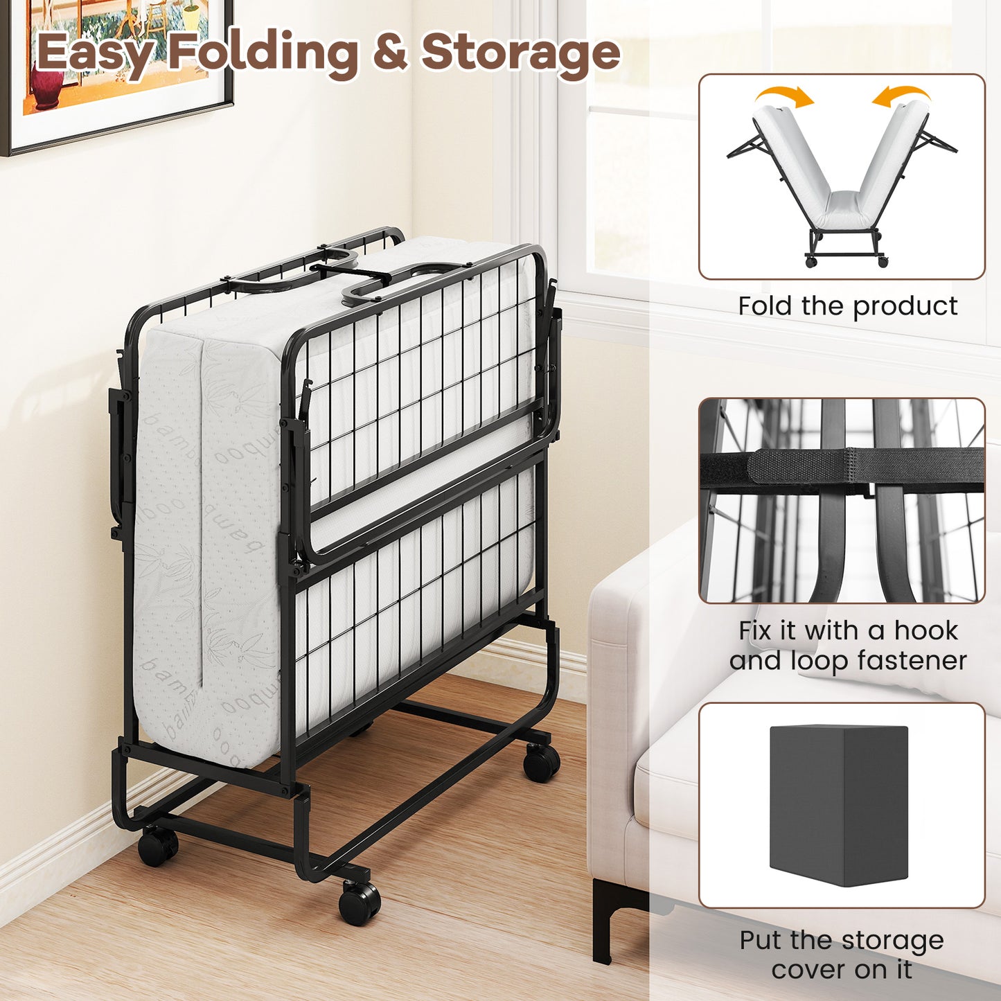 Twin Size Folding Bed, 5 Inch Mattress, White Folding Beds at Gallery Canada