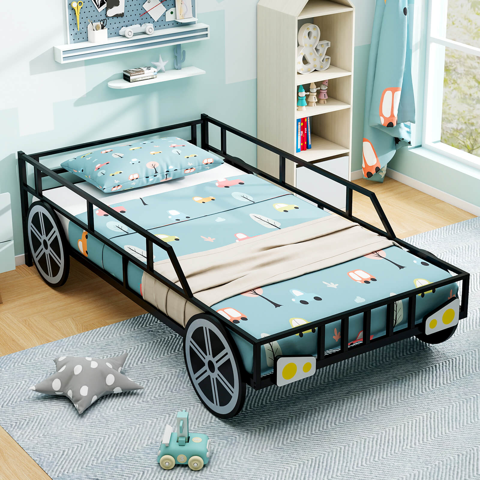 Twin-Size Kids Metal Bed Frame Car-Shaped with Safety Guardrails-Twin Size, Black Toddler Beds at Gallery Canada