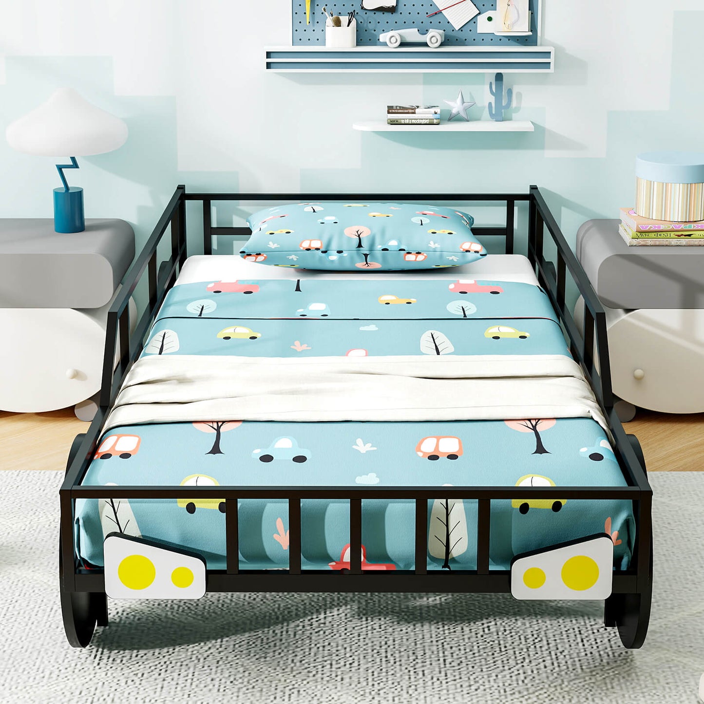Twin-Size Kids Metal Bed Frame Car-Shaped with Safety Guardrails-Twin Size, Black Toddler Beds at Gallery Canada
