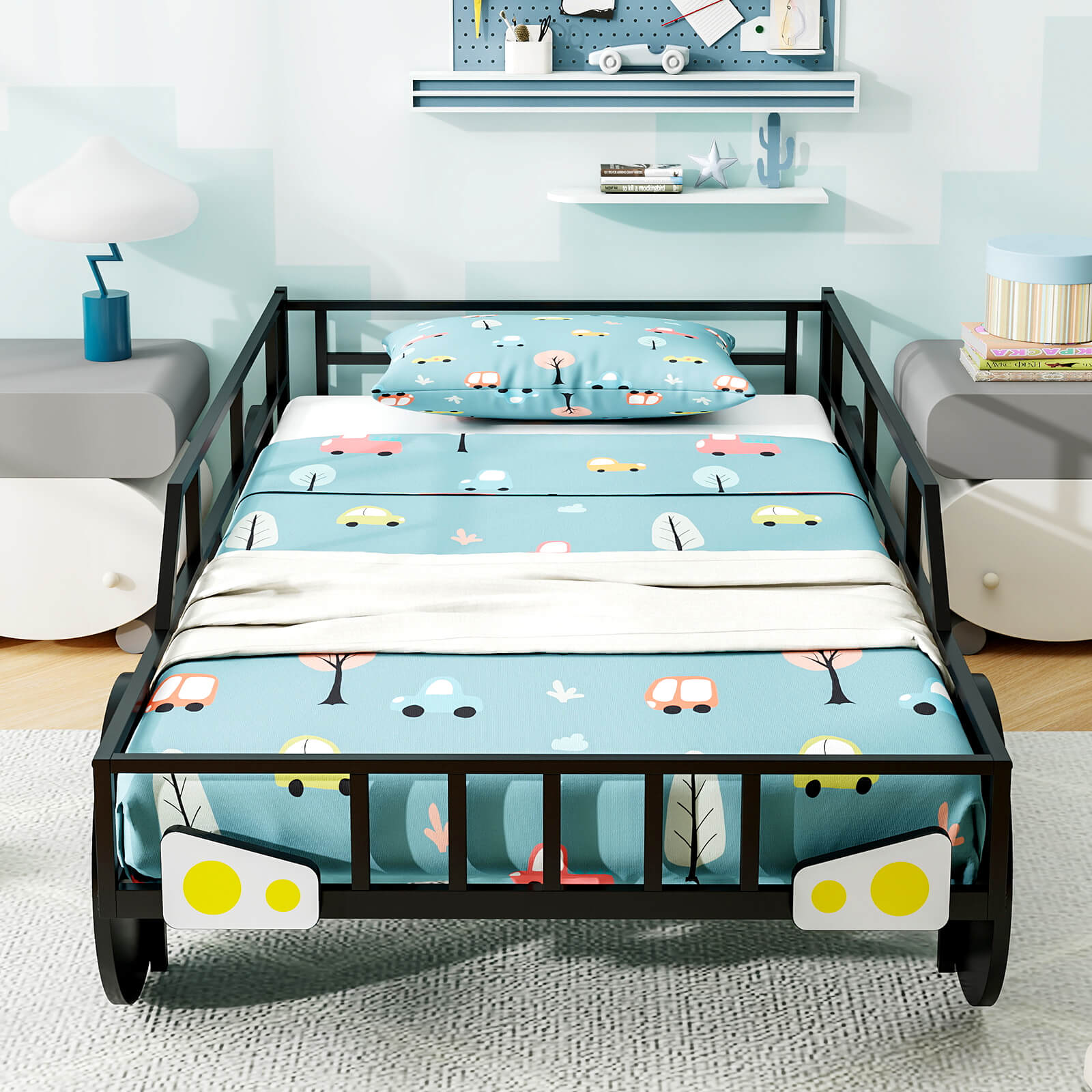 Twin-Size Kids Metal Bed Frame Car-Shaped with Safety Guardrails-Twin Size, Black Toddler Beds at Gallery Canada