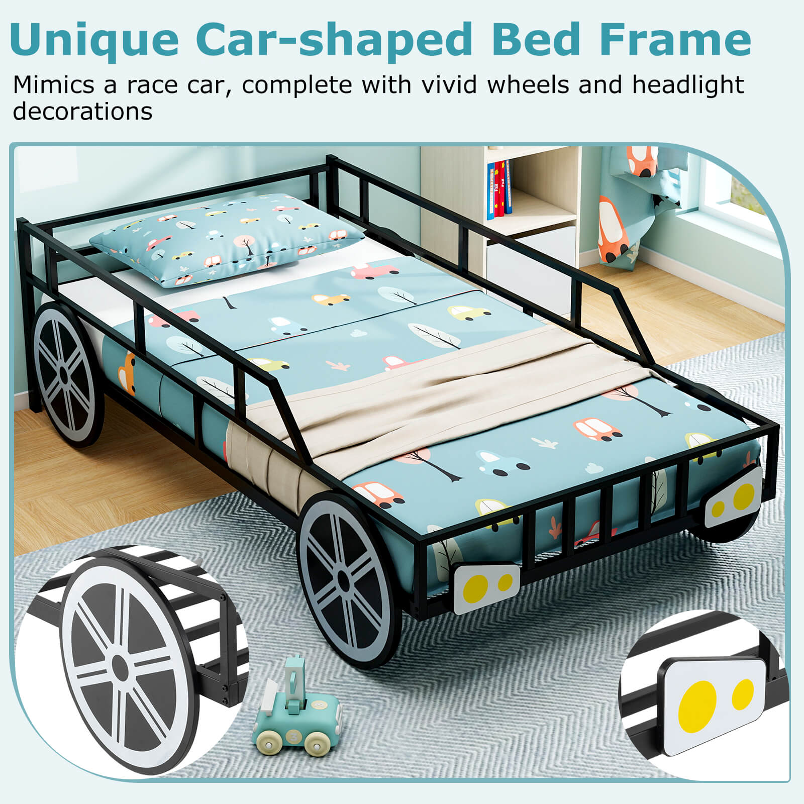 Twin-Size Kids Metal Bed Frame Car-Shaped with Safety Guardrails-Twin Size, Black Toddler Beds at Gallery Canada
