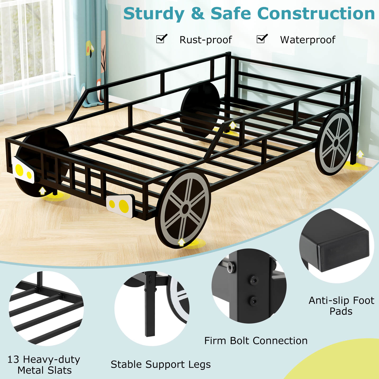 Twin-Size Kids Metal Bed Frame Car-Shaped with Safety Guardrails-Twin Size, Black Toddler Beds at Gallery Canada
